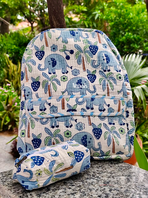 Blue Strawberry Elephant Quilted Kids Backpack