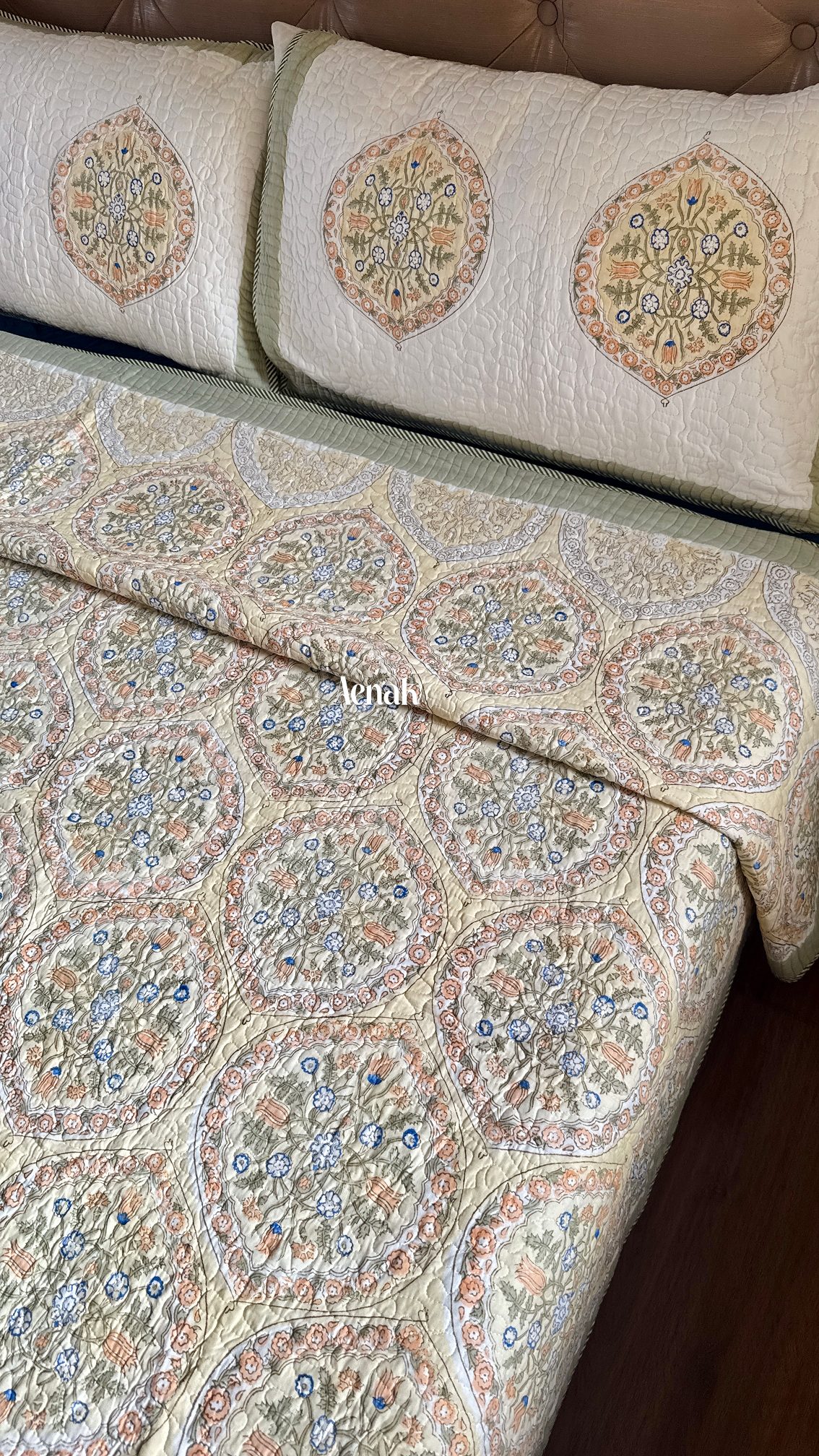 Pastel Yellow Geometric Handblock Printed Reversible Quilted Bedcover