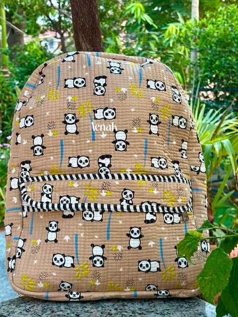 Brown Panda Quilted Kids Backpack