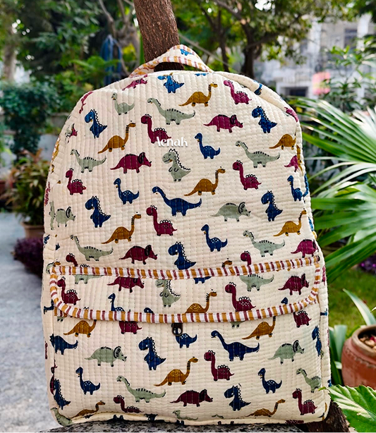 Brown Maroon Dino World Quilted Kids Backpack