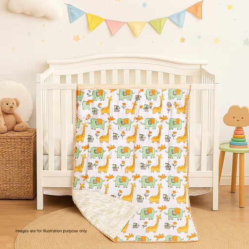 Orange Giraffe Handblock Printed Reversible Mulmul Cotton Blanket