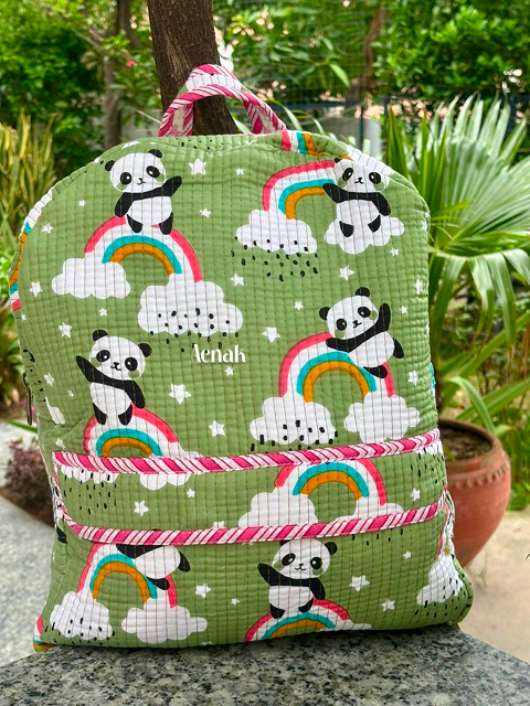 Green Panda Quilted Kids Backpack