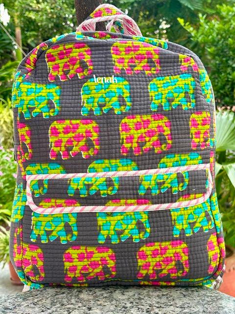 Green & Yellow Elephant Quilted Kids Backpack