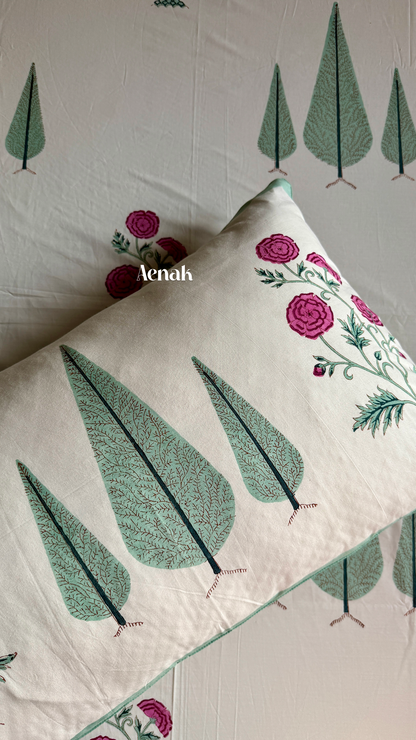 Magenta Floral Garden Handblock Printed Premium Cotton Bedsheet (Ivory Base)