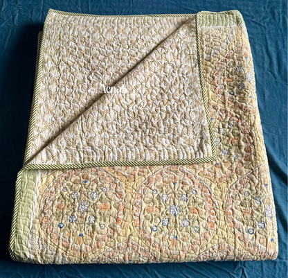 Pastel Yellow Geometric Handblock Printed Reversible Quilted Bedcover