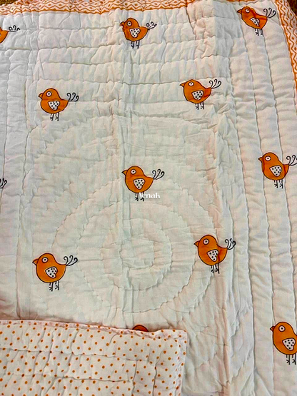 Orange Bird Handblock Printed Reversible Mulmul Cotton Blanket