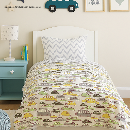 Yellow Car Handblock Printed Reversible Mulmul Cotton Blanket