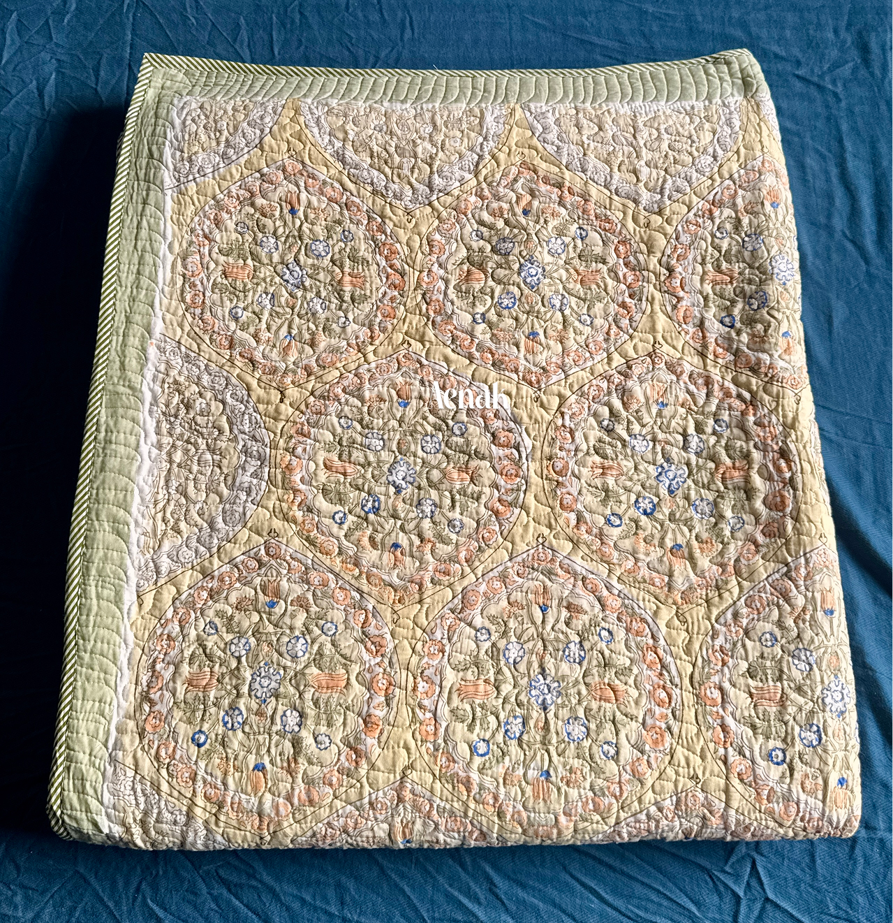 Pastel Yellow Geometric Handblock Printed Reversible Quilted Bedcover