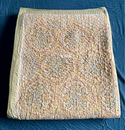 Pastel Yellow Geometric Handblock Printed Reversible Quilted Bedcover