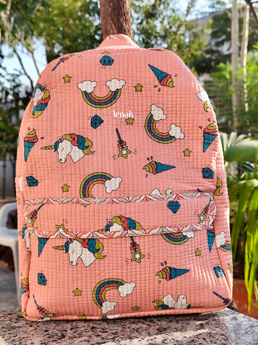 Peach Unicorn Quilted Kids Backpack