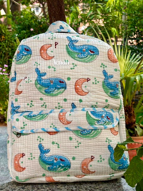 Blue & Green Whale Quilted Kids Backpack
