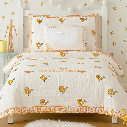 Orange Bird Handblock Printed Reversible Mulmul Cotton Blanket