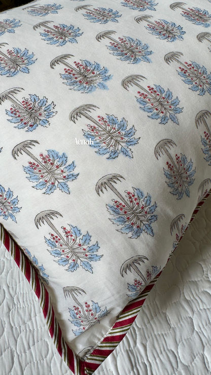 Light Blue Palm Jaal Handblock Printed Reversible Quilted Bedcover
