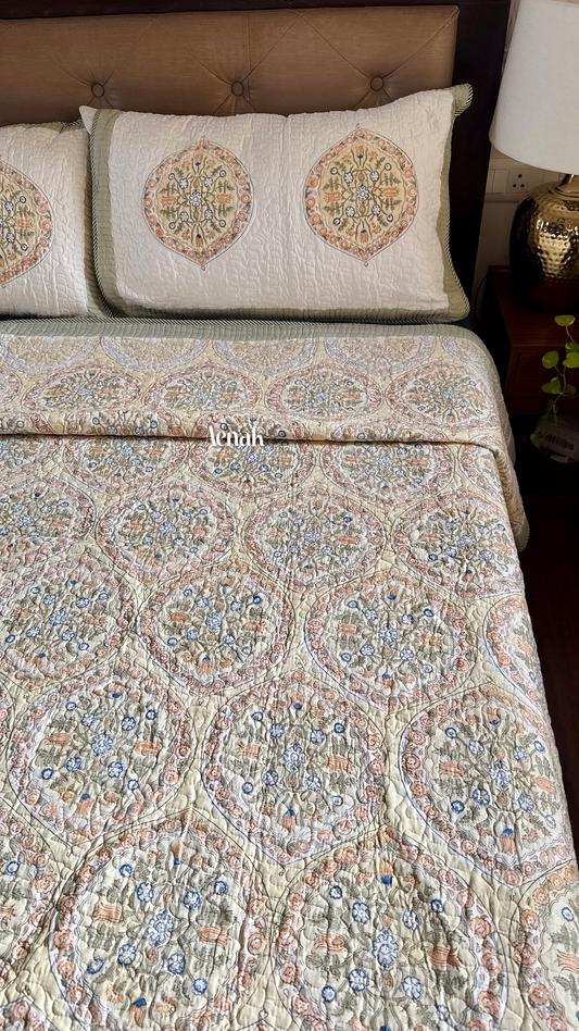 Pastel Yellow Geometric Handblock Printed Reversible Quilted Bedcover
