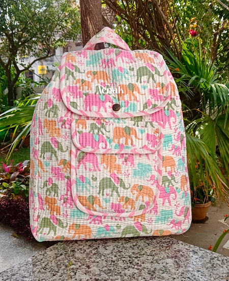 Pink & Orange Elephant Quilted Kids Backpack