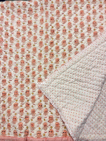 Peach Octopus Handblock Printed Reversible Mulmul Cotton Blanket
