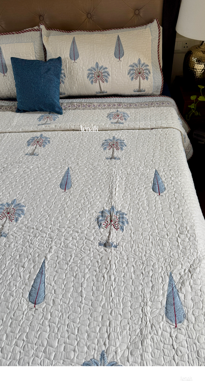 Light Blue Palm Jaal Handblock Printed Reversible Quilted Bedcover