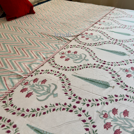 Teal Green Jaal Handblock Bedsheet + Dohar Combo