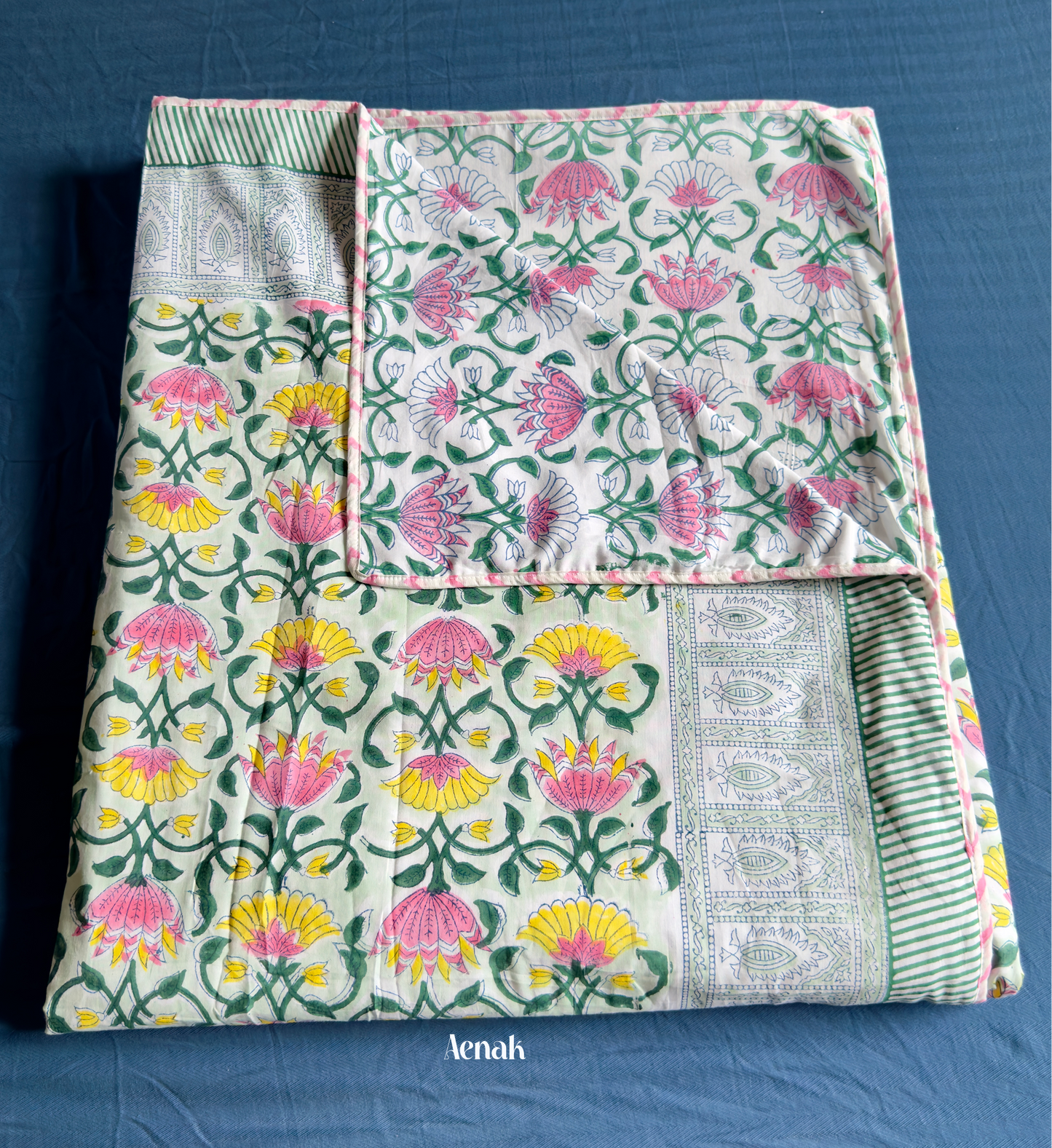 Pink & Yellow Lotus Handblock Printed Mulmul Cotton Reversible Dohar