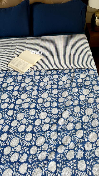 Blue Floral Garden Handblock Printed Mulmul Cotton Reversible Dohar