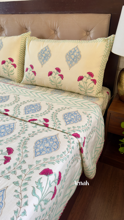 Pink Poppy Jaal Handblock Printed Mulmul Cotton Reversible Dohar (Non-White)