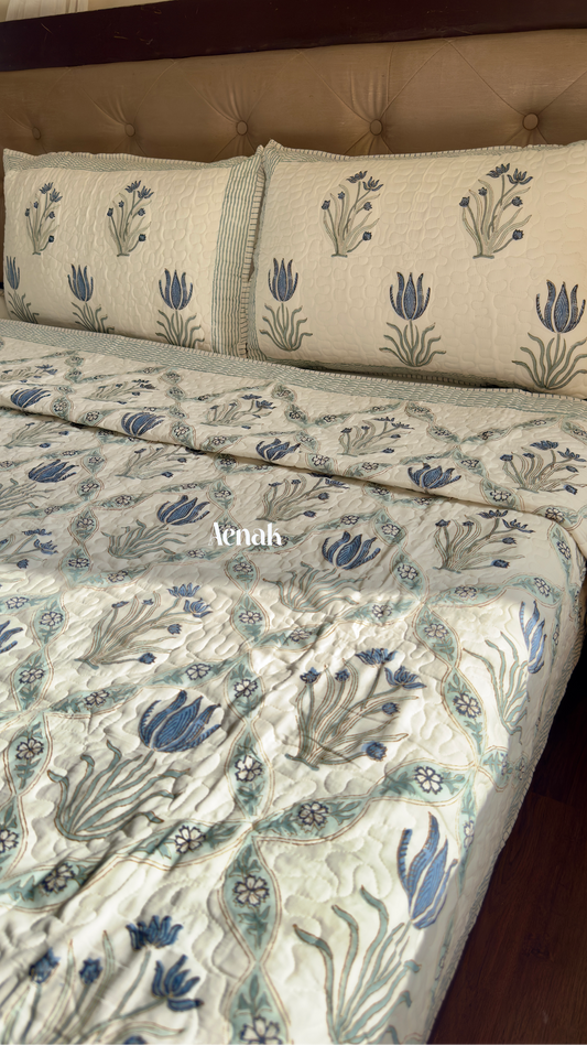 Blue Lotus Handblock Printed Reversible Quilted Bedcover