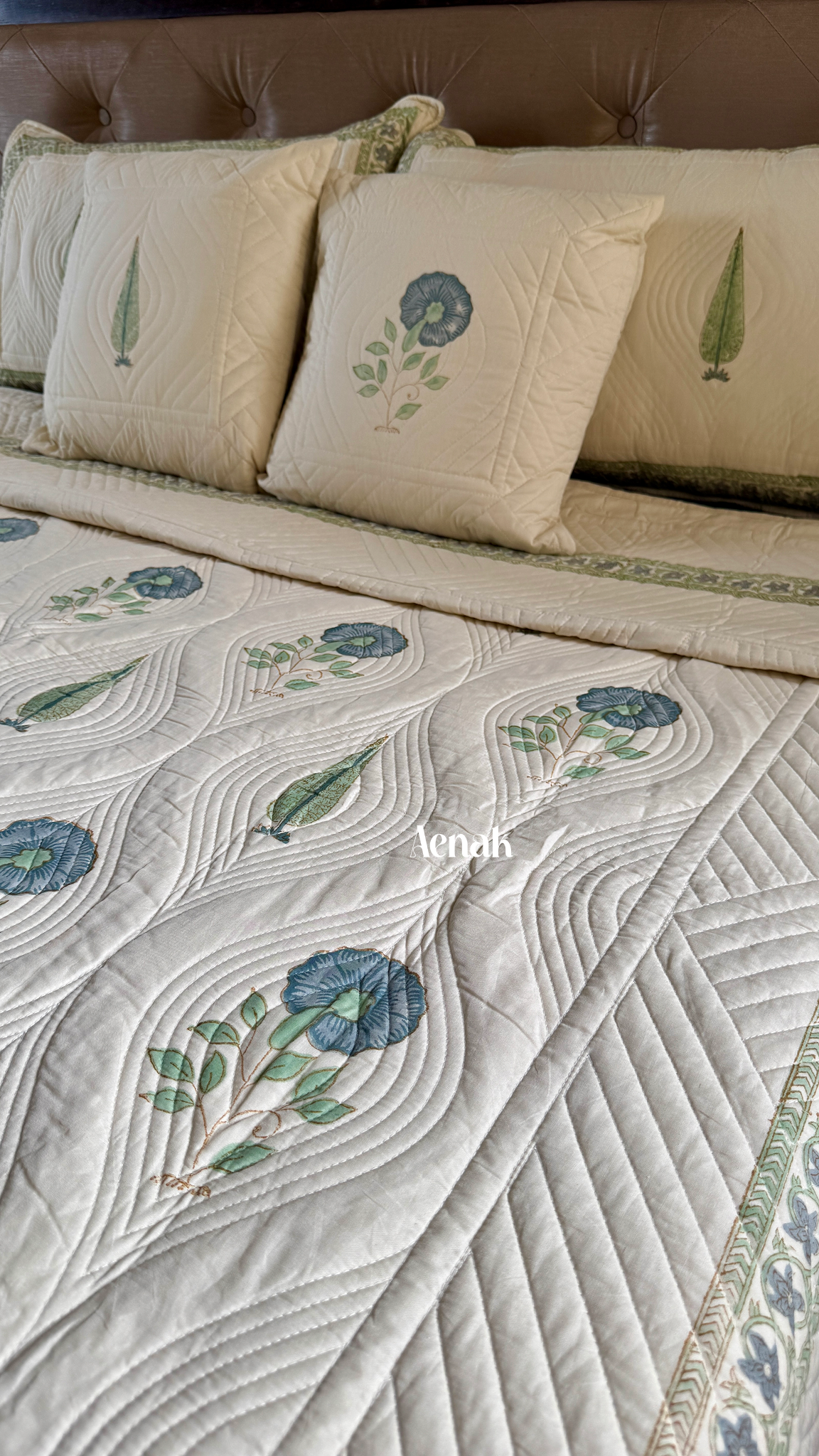 Beige Embossed Handblock Printed Quilted Bedcover (Non-White Base)