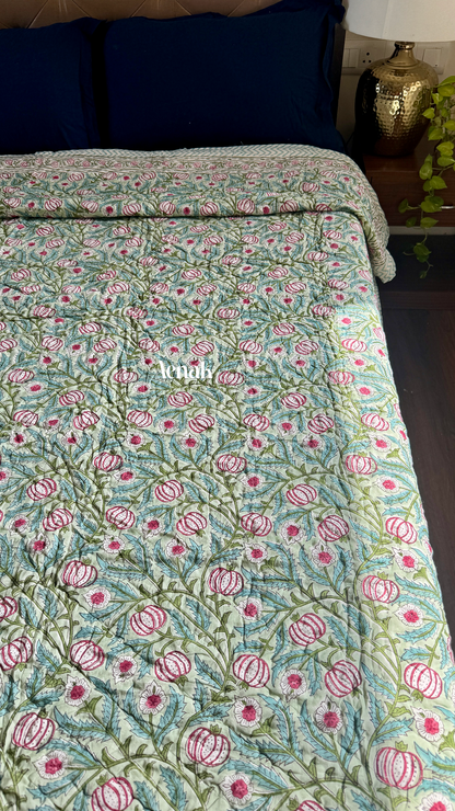 Red Anaar Handblock Bedsheet + Quilt Combo