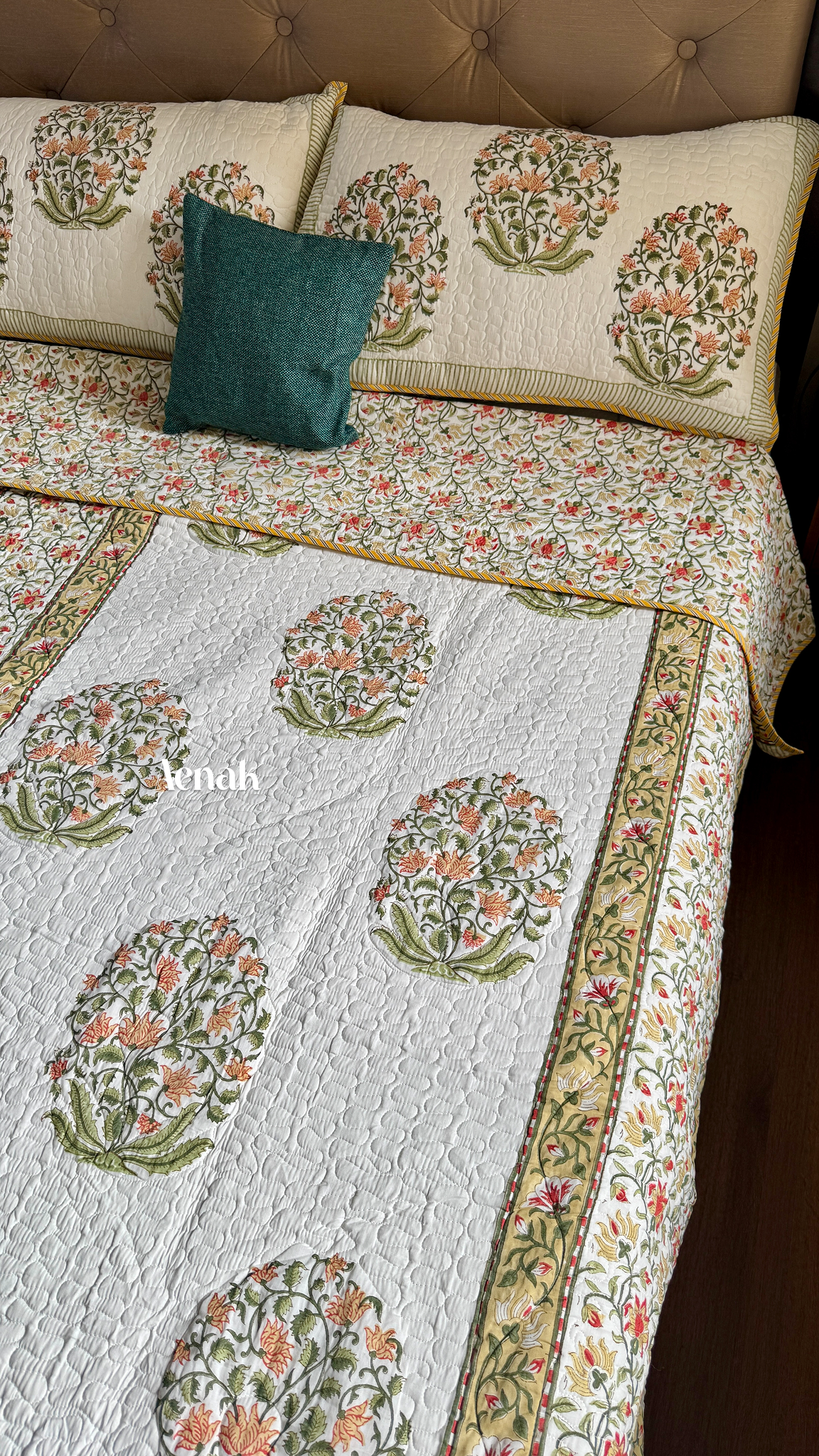 Yellow Phool Boota Handblock Printed Reversible Quilted Bedcover