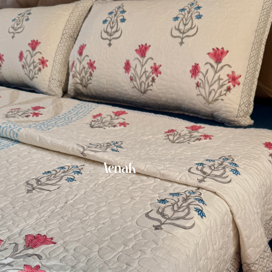 Red & Blue Jaal Handblock Printed Reversible Quilted Comforter/Bedcover Set