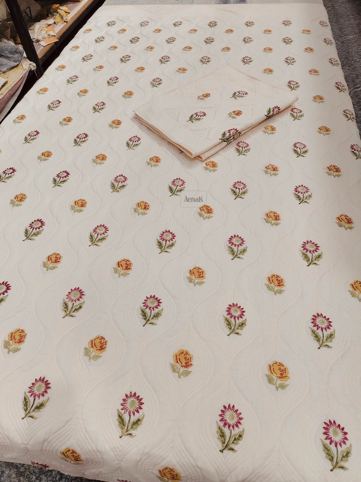 Embossed Rose Handblock Quilted Cotton Bedcover- 105x108