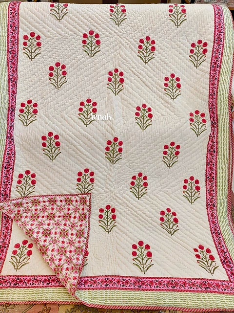 Pink Floral Boota Handblock Reversible Mulmul Cotton Single Quilt