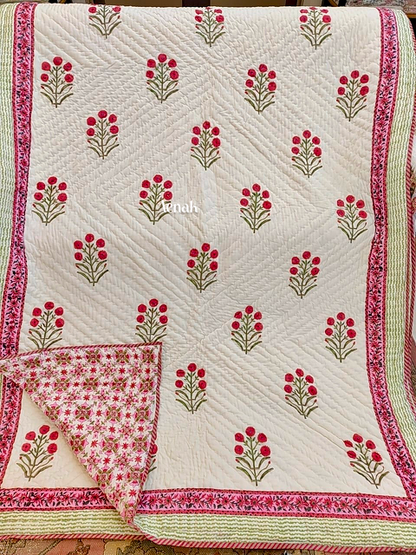 Pink Floral Boota Handblock Reversible Mulmul Cotton Single Quilt