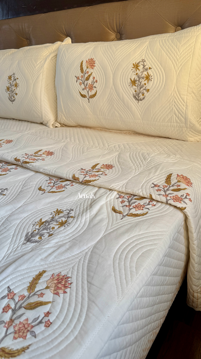 Peach Phool Embossed Handblock Quilted Bedcover Set