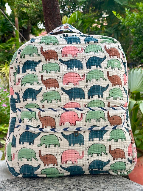 Blue Green Elephant Quilted Kids Backpack