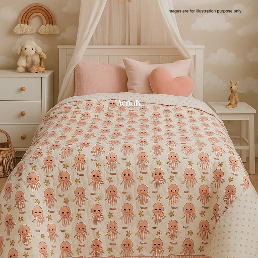 Peach Octopus Handblock Printed Reversible Mulmul Cotton Blanket