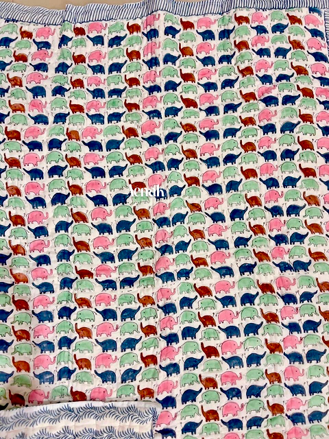 Blue Pink Elephants Handblock Printed Reversible Mulmul Cotton Blanket