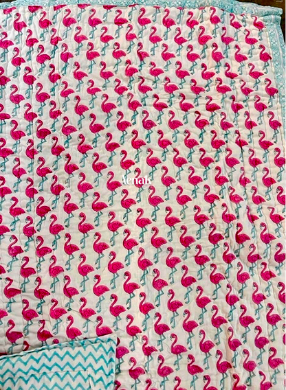 Pink Flamingo Handblock Printed Reversible Mulmul Cotton Blanket
