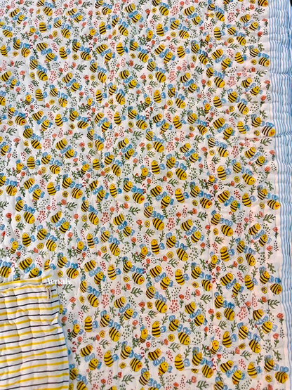 Yellow Bees Handblock Printed Reversible Mulmul Cotton Blanket