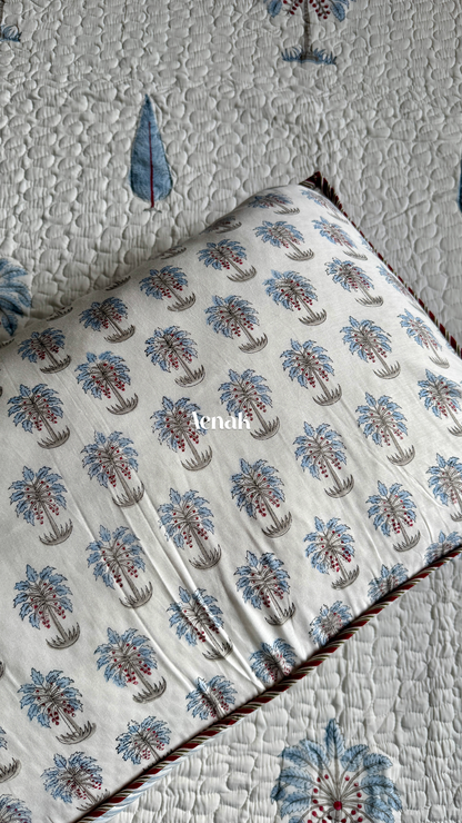 Light Blue Palm Jaal Handblock Printed Reversible Quilted Bedcover