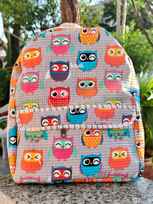 Orange Pink Owl Quilted Kids Backpack (Grey Base)