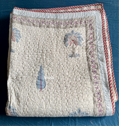 Light Blue Palm Jaal Handblock Printed Reversible Quilted Bedcover