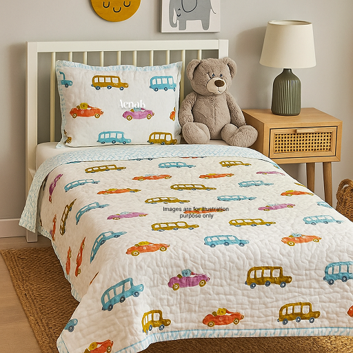 Blue Red Car Handblock Printed Reversible Mulmul Cotton Blanket