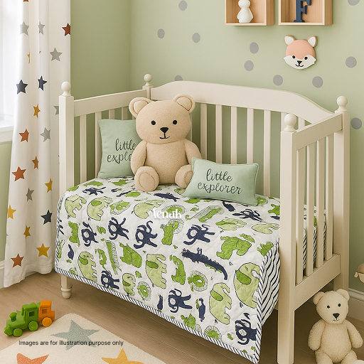 Green Jungle Theme Handblock Printed Reversible Mulmul Cotton Blanket