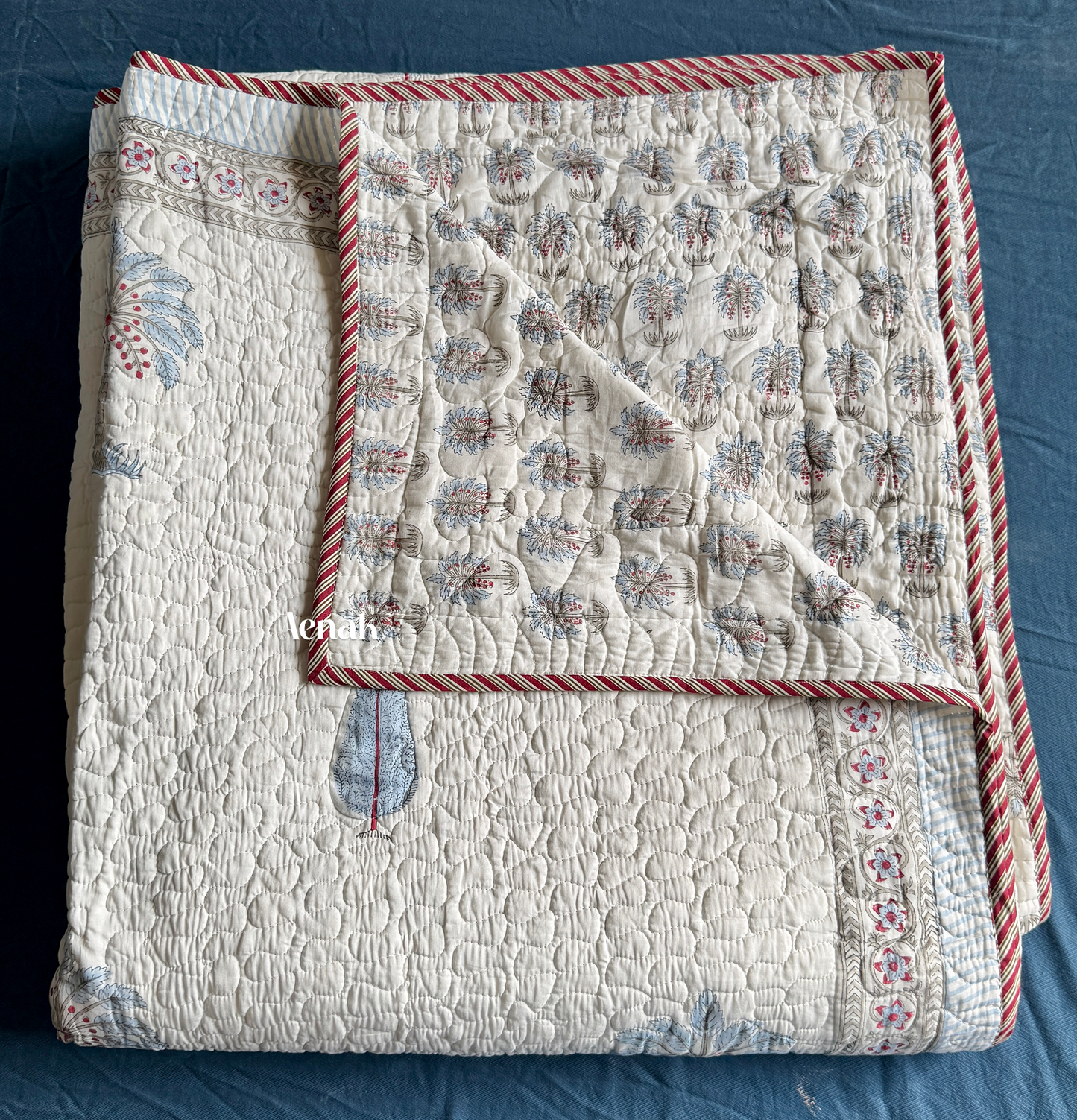 Light Blue Palm Jaal Handblock Printed Reversible Quilted Bedcover