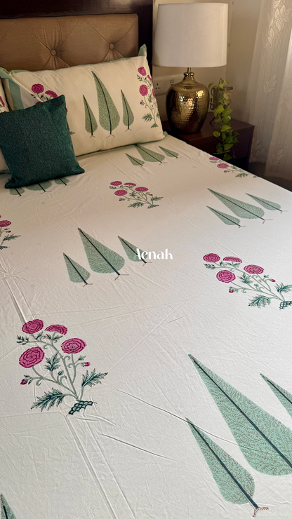 Magenta Floral Garden Handblock Printed Premium Cotton Bedsheet (Ivory Base)