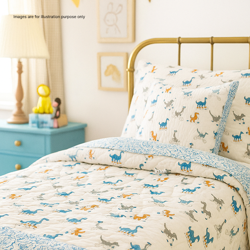 Blue Orange Dinosaur Handblock Printed Reversible Mulmul Cotton Blanket