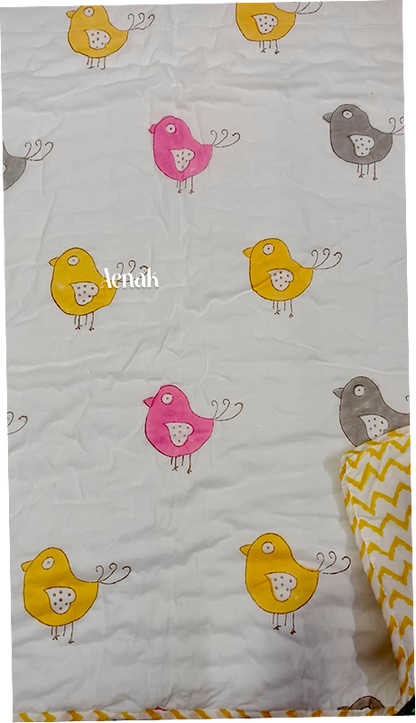 Pink Yellow Bird Handblock Printed Reversible Mulmul Cotton Blanket