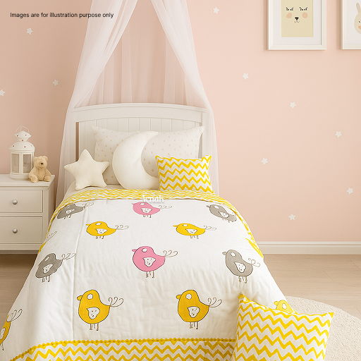 Pink Yellow Bird Handblock Reversible Mulmul Cotton Kids Blanket Set