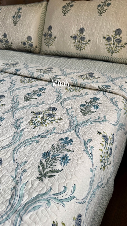 Blue Floral Jaal Handblock Printed Reversible Quilted Bedcover